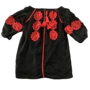 Beulah Black With Coral Red Crochet Boho Shift Mini Dress Size S/M NWT